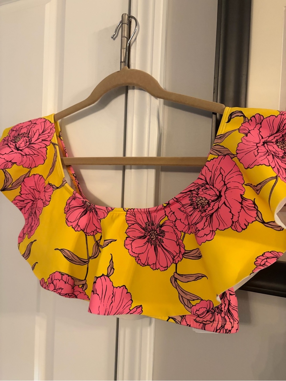 Boden Yellow Crop Top with Pink Floral Ruffle sienna flounce swim